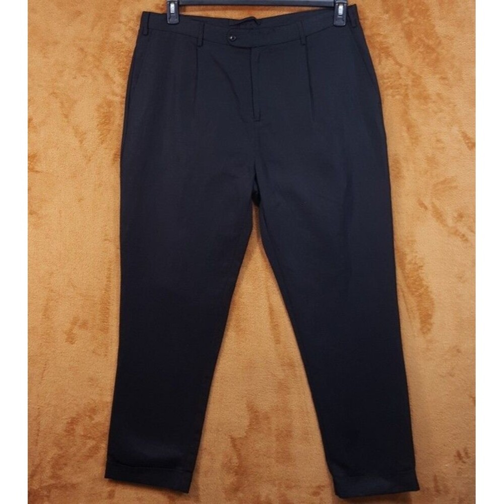 KARL LAGERFELD Dress Pants Mens Size 38 Black Linen Cotton Pleated Cuff Trousers
